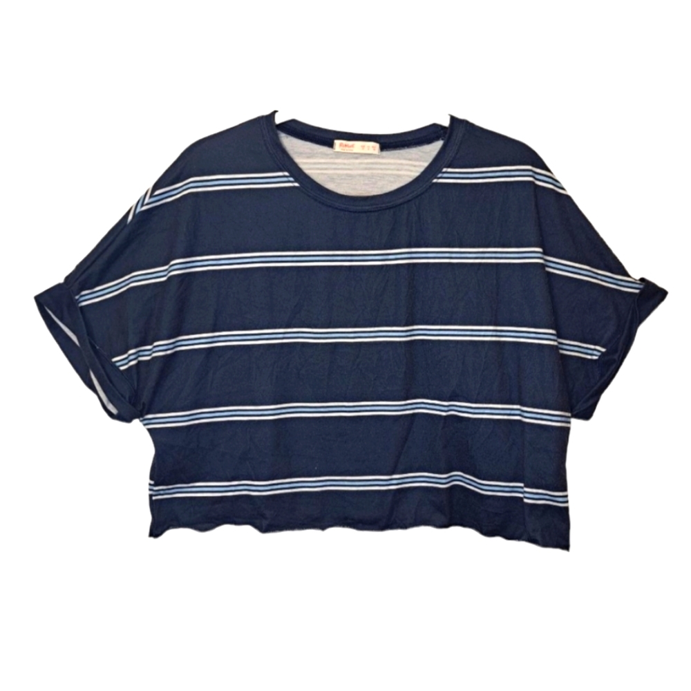 ROMWE Blue White Short Sleeved Striped Crop Top Size Medium